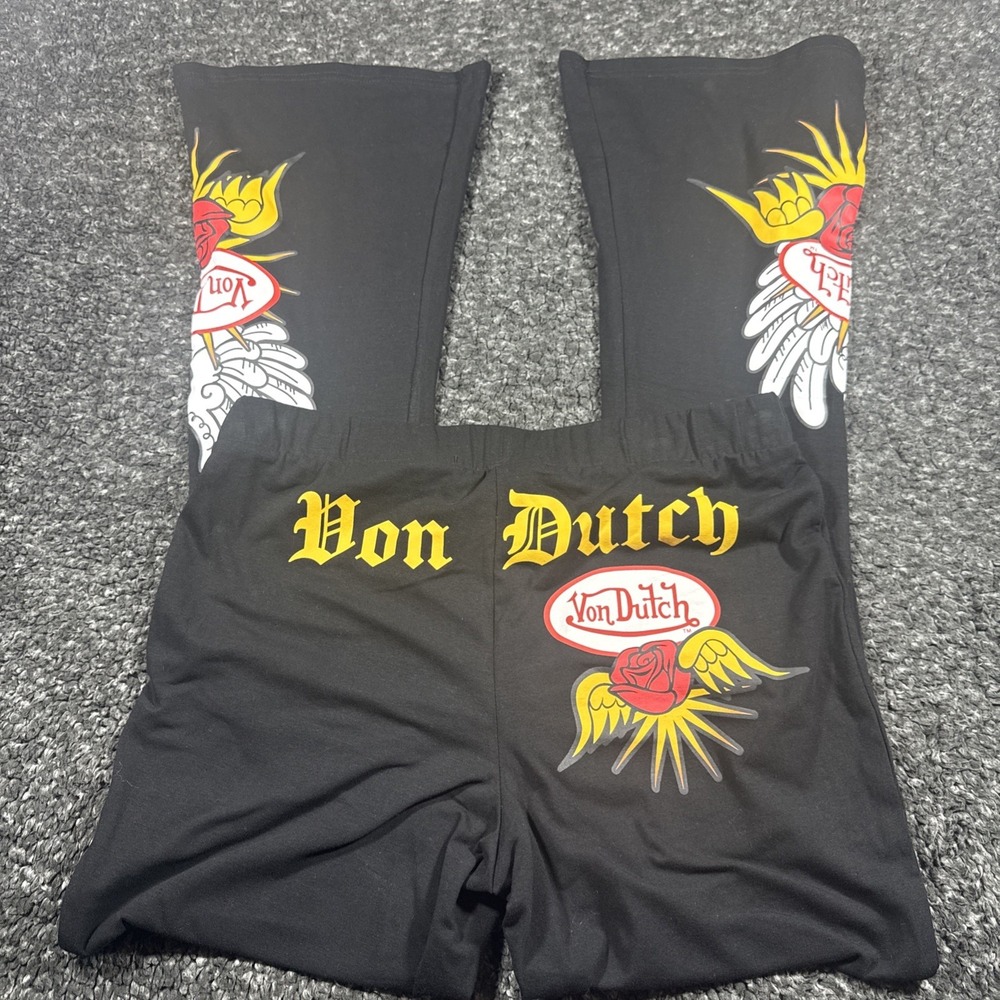 Von Dutch Graphic Flare Women's   Pants Black Size XL Large NWT Y2K Style New
